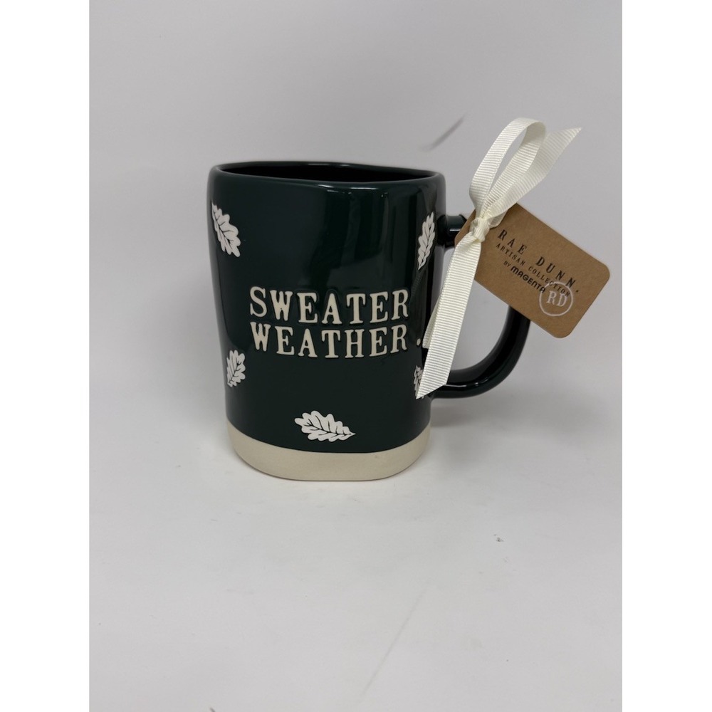 Rae Dunn "Sweater weather" mug, fall leaves, autumn. Green, NWT